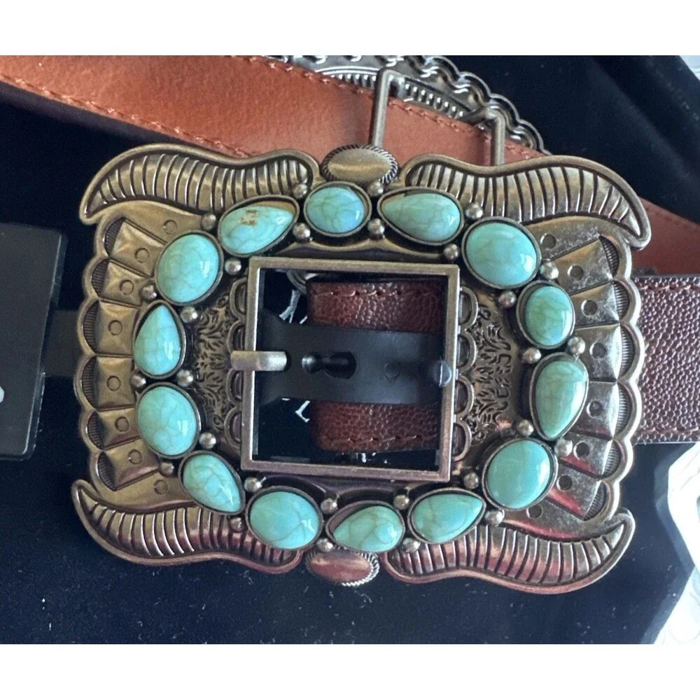 Lucky & Blessed Turquoise Concho Leather Belt - Size S Runs Bigger Dust Bag